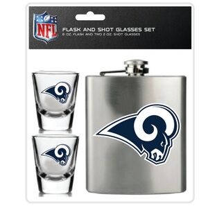 NFL LA Rams Silver Flask and Shot Glass Set with Blue Logo